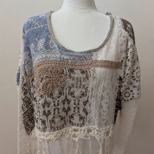 Free People Boho Lace Patchwork Top in Blue and Brown